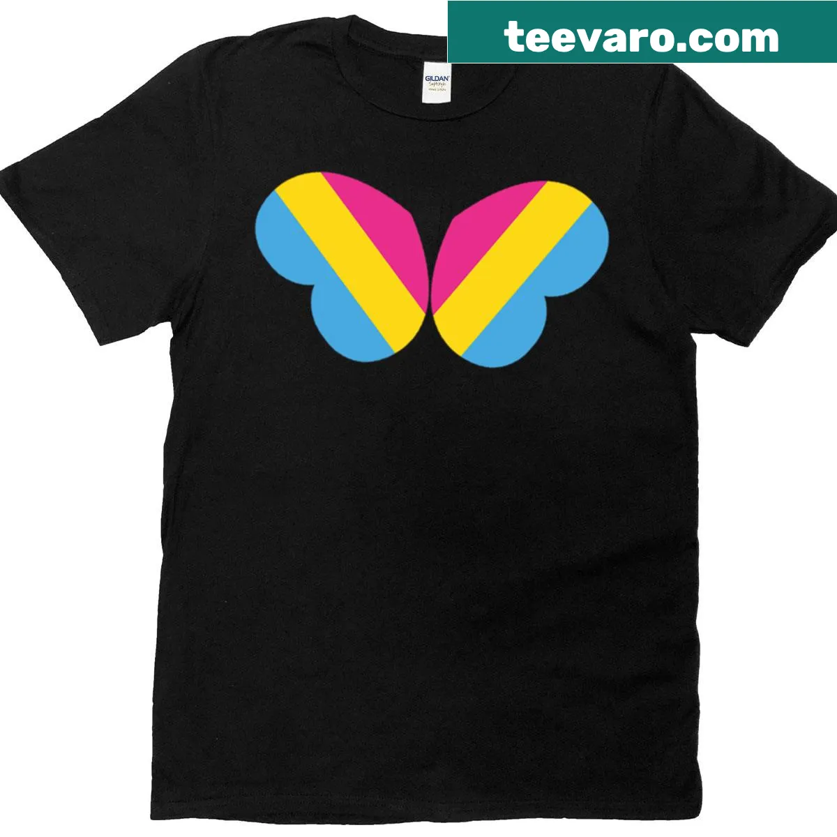 Butterfly design with pride hearts and pansual flag on t-shirt — on a men's t-shirt