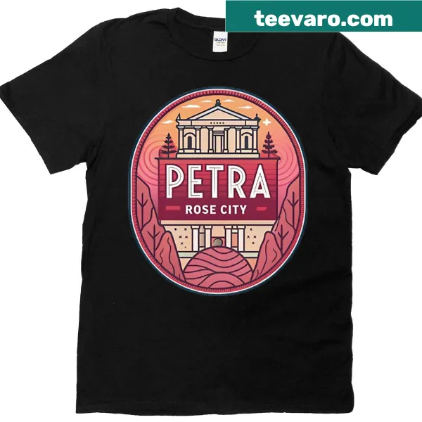 Illustration of Petra city on a t-shirt, showcasing ancient architecture