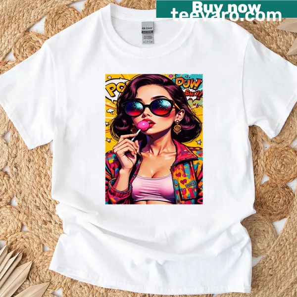 Cartoon lollipop graphic on a t-shirt