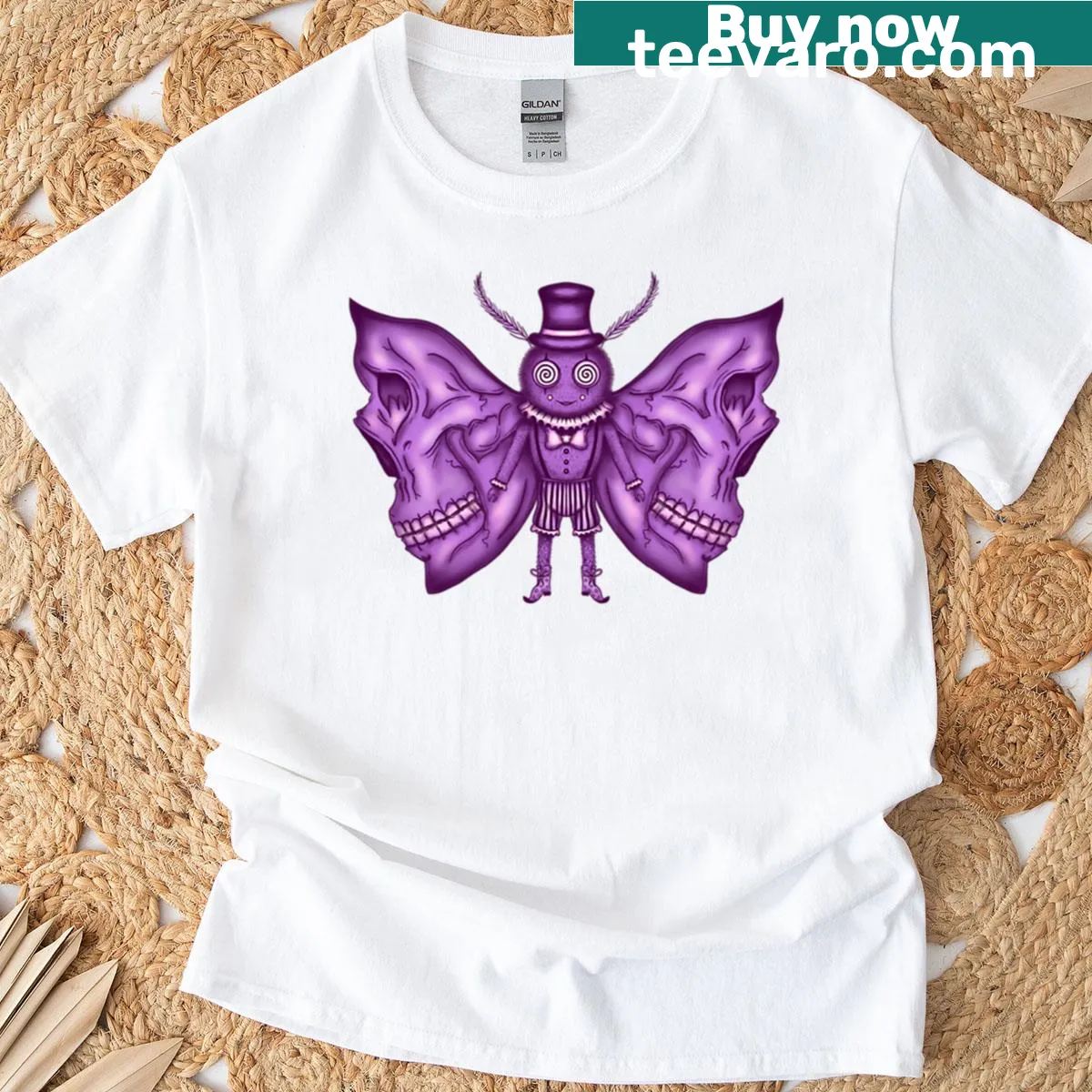 Premium T-shirt with a purple circus skull moth illustration — on a men's t-shirt