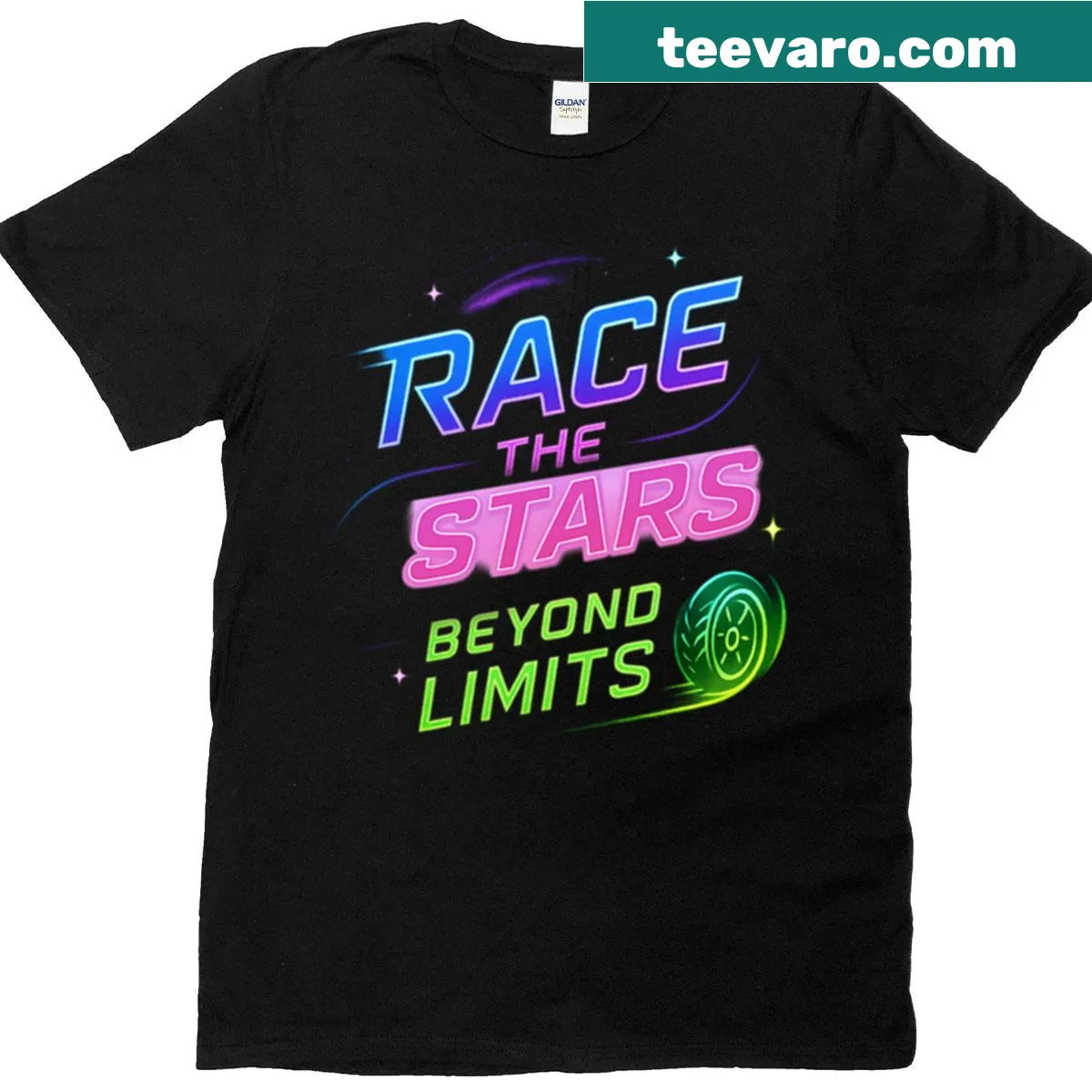 T-shirt depicting a cartoon car racing through a neon galaxy — on a men's t-shirt