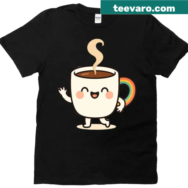 T-shirt featuring a whimsical coffee cup with a rainbow handle