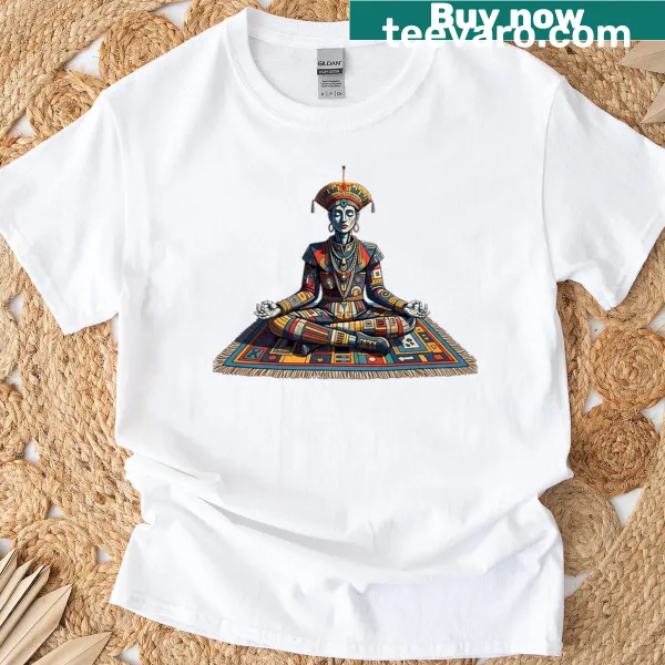 Robot meditating amidst a serene landscape illustration on a t-shirt
