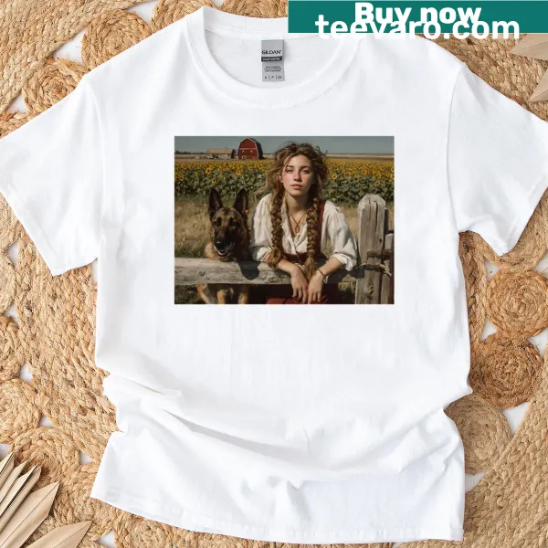 Oversized T-shirt featuring a rural woman and her German Shepherd