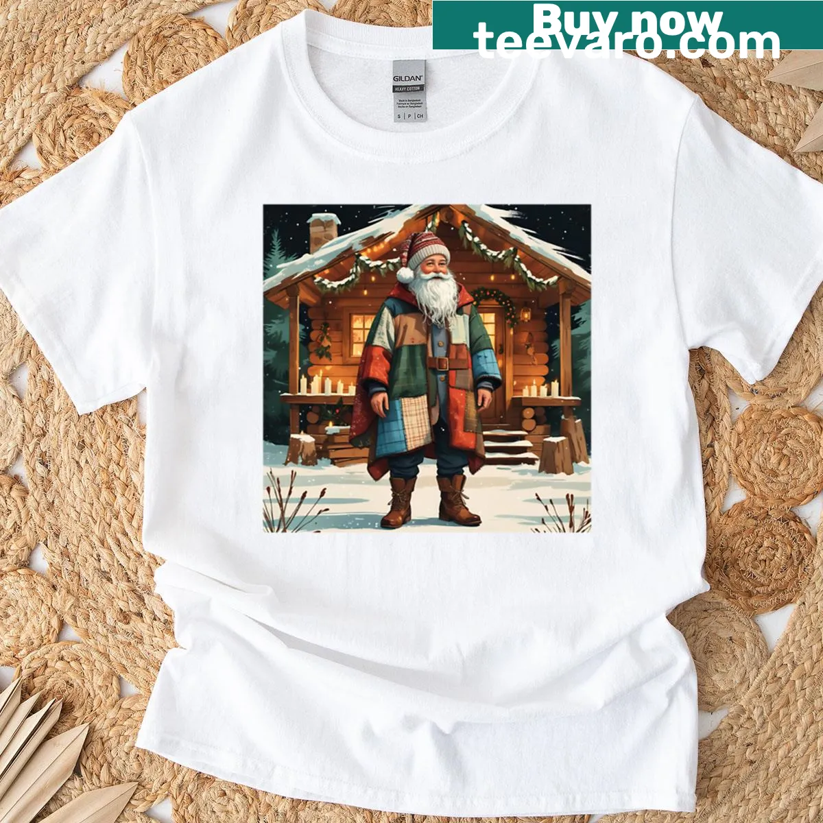 Rustic Santa in a wooden cabin on a cozy T-shirt — on a men's t-shirt