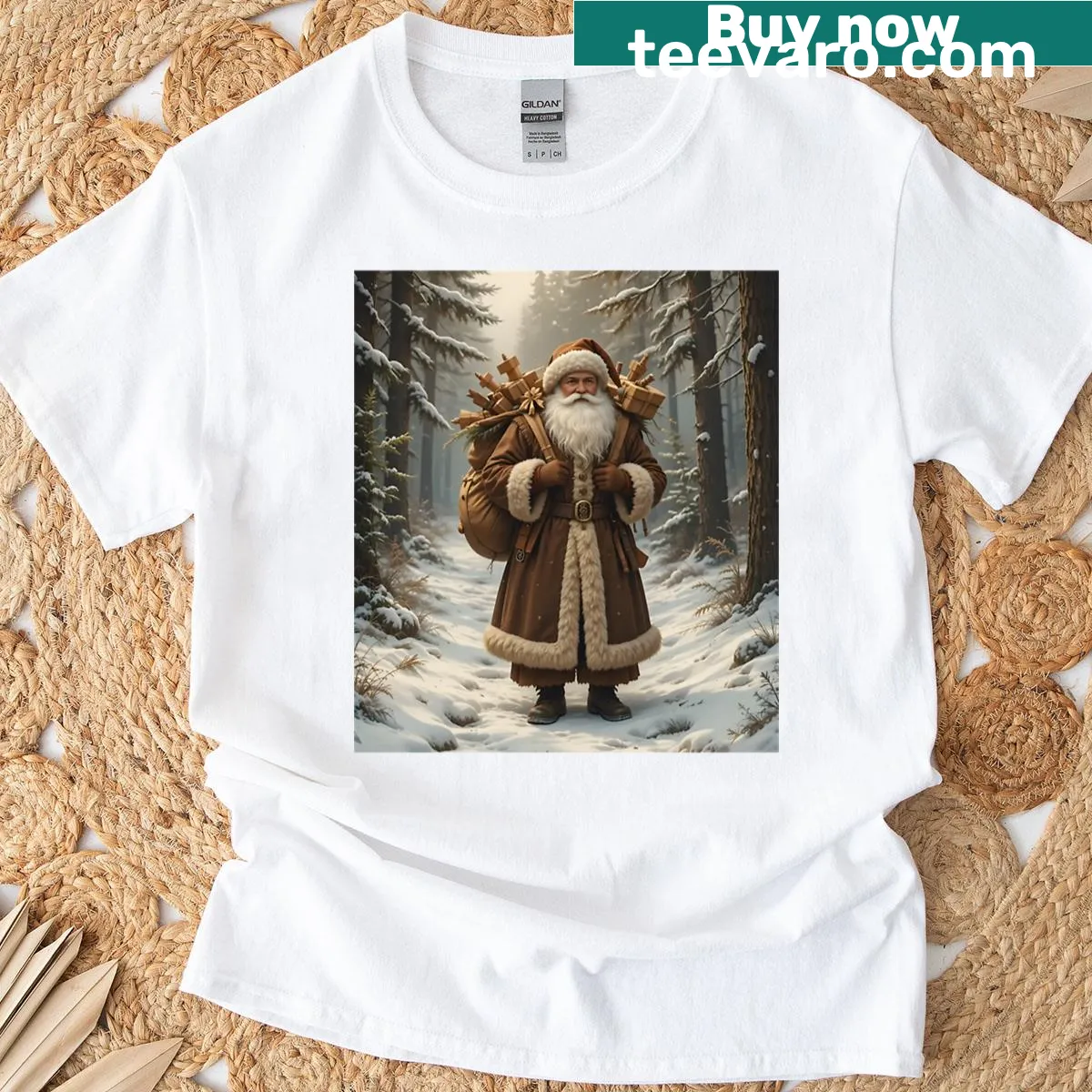 Rustic Santa in brown coat with wooden gifts on snowy T-shirt — on a men's t-shirt