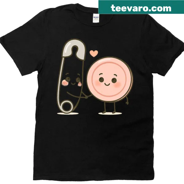 Playful illustration of a safety pin and button on a t-shirt