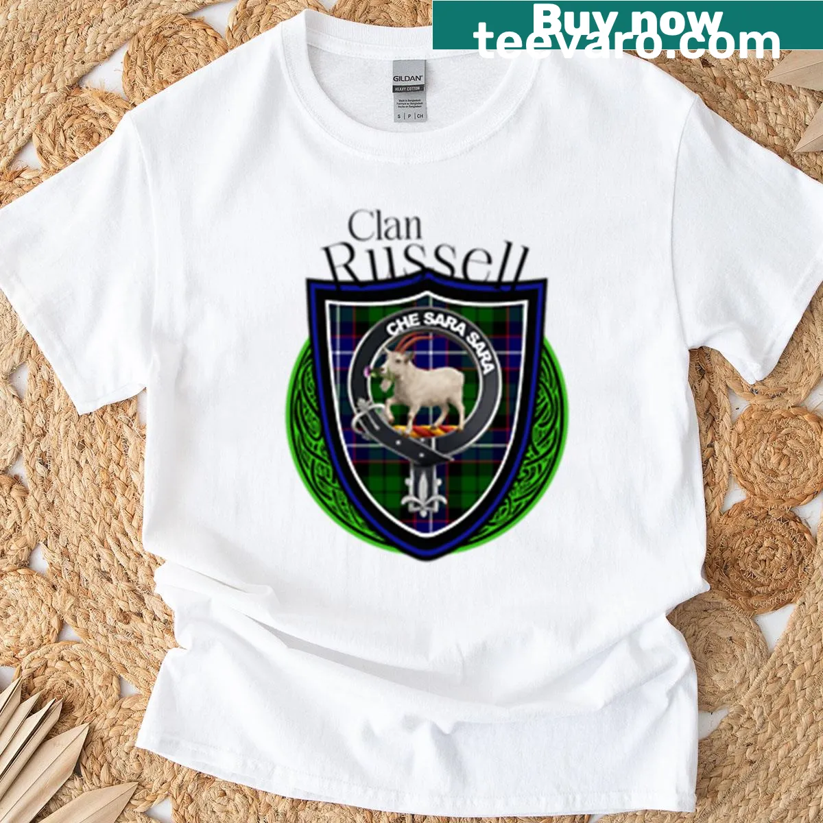 Russell Clan tartan and crest design on oversized T-shirt — on a men's t-shirt