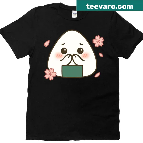 Cute illustration of a shy onigiri with sakura blossoms on a t-shirt