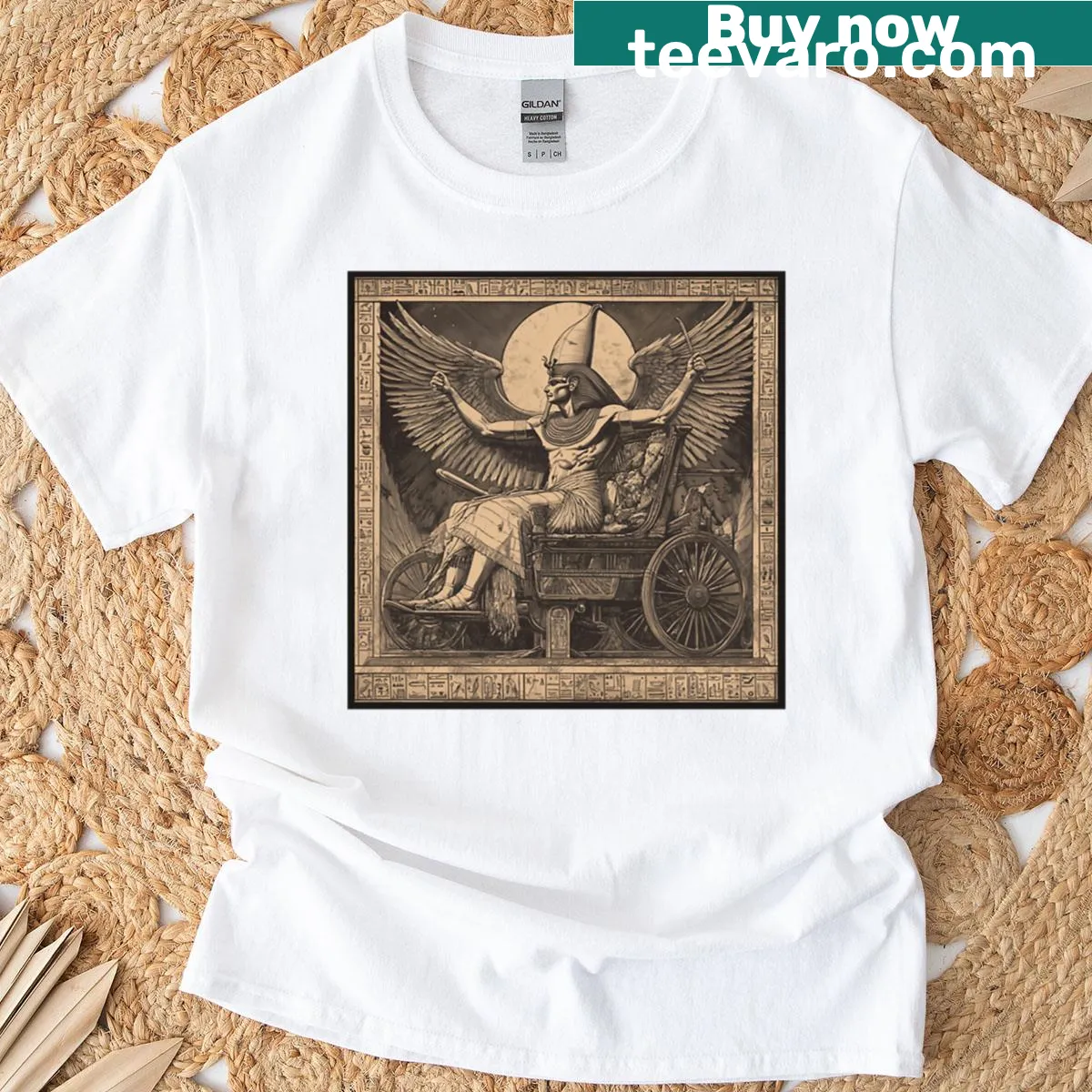 Illustration of a solar pharaoh with wings on a T-shirt — on a men's t-shirt