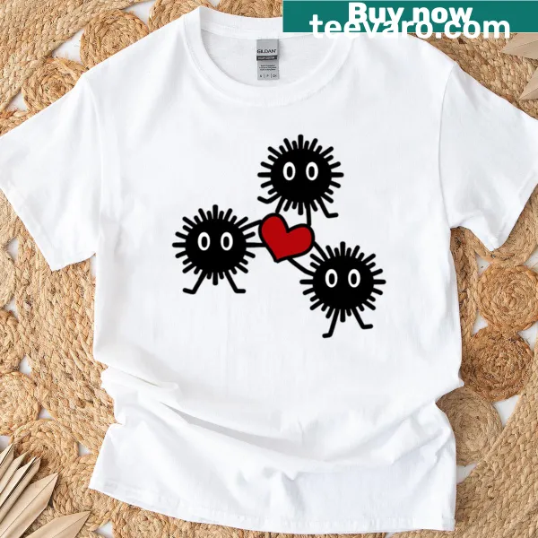 Illustrated design of soot spirits from Spirited Away on a t-shirt