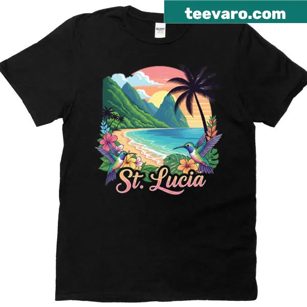 Artistic T-shirt featuring St Lucia's iconic landscape and elements