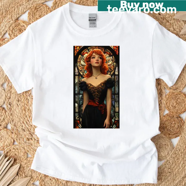 T-shirt featuring a stained glass design of a queen