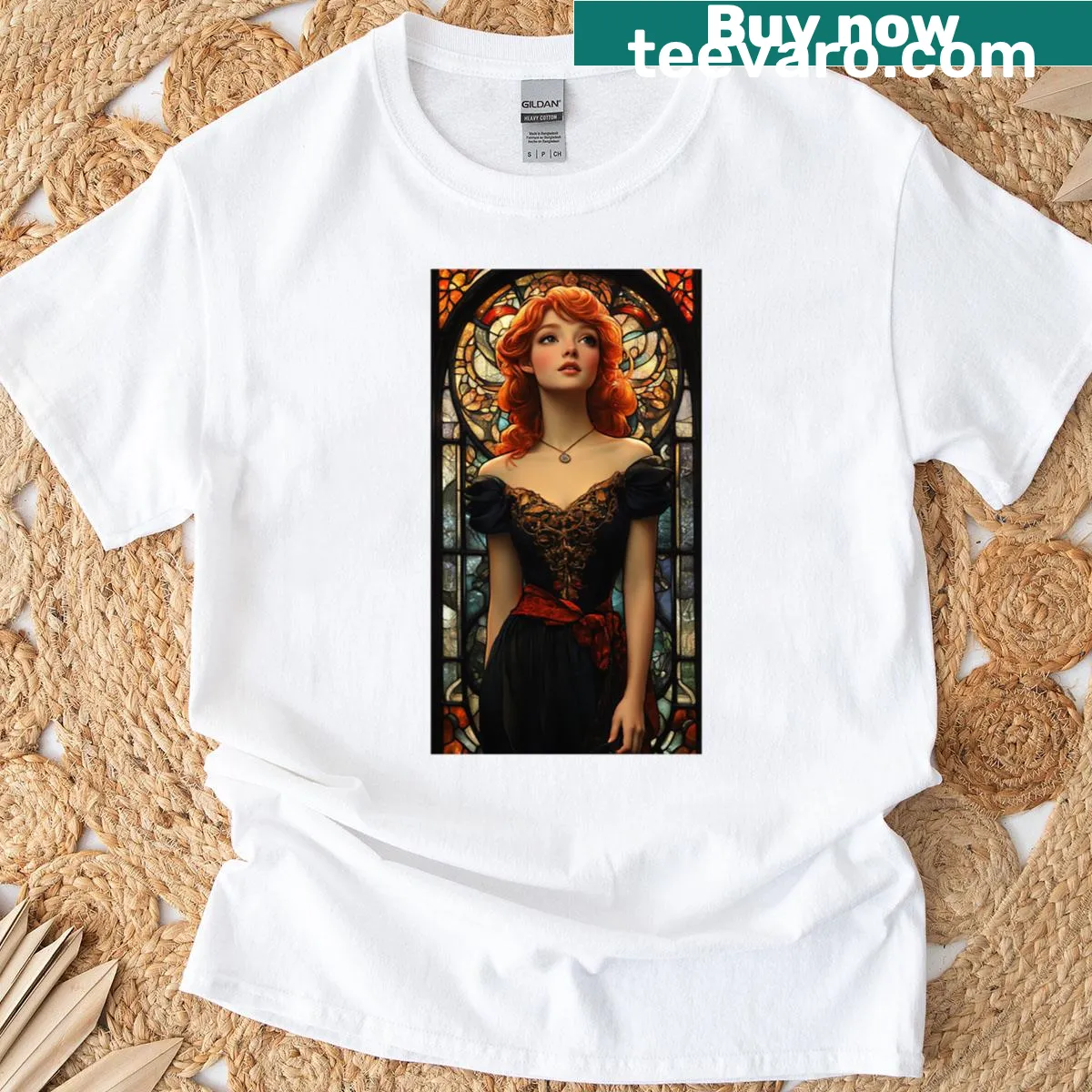 T-shirt featuring a stained glass design of a queen — on a men's t-shirt