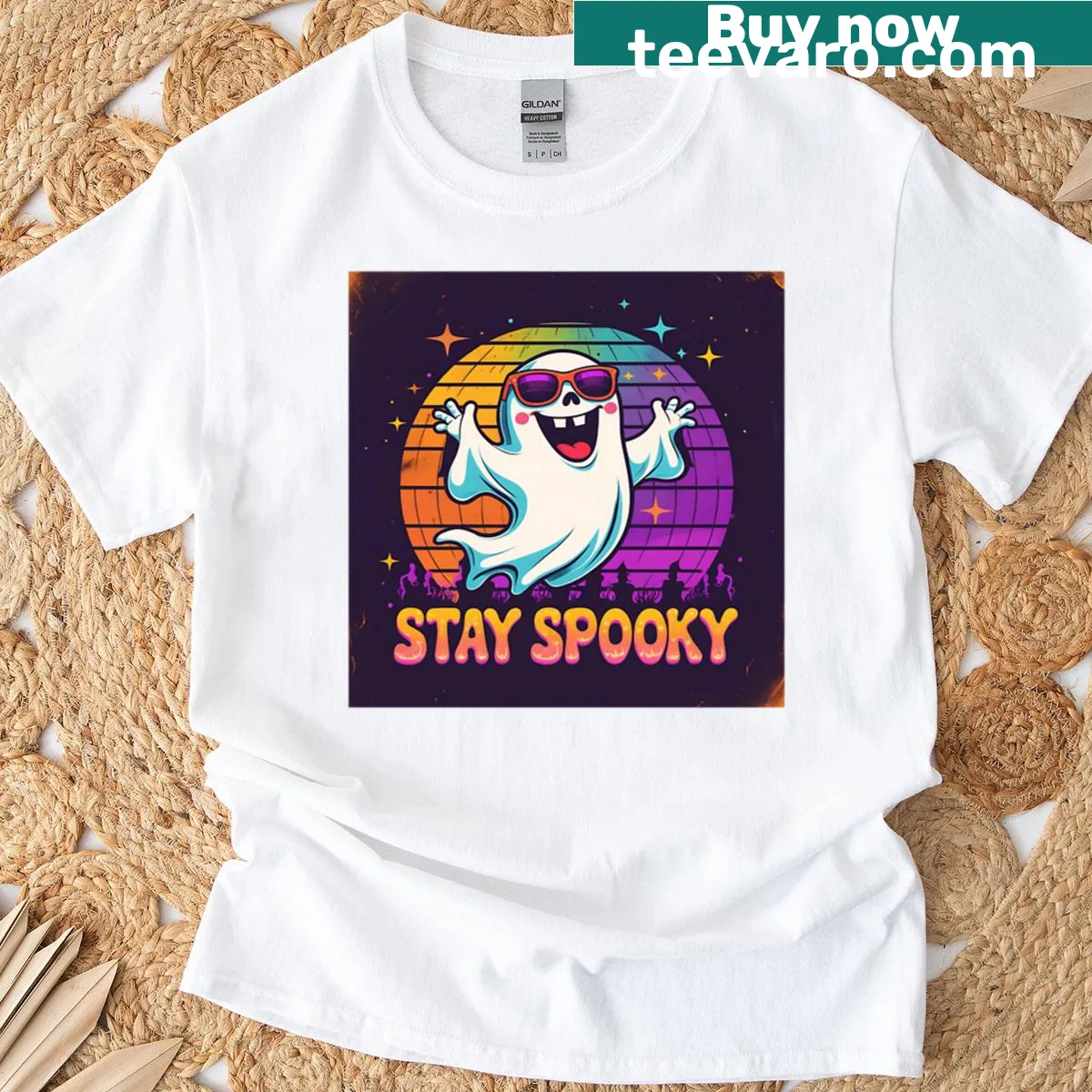 Funny ghost graphic with sunglasses for Halloween T-shirt — on a men's t-shirt