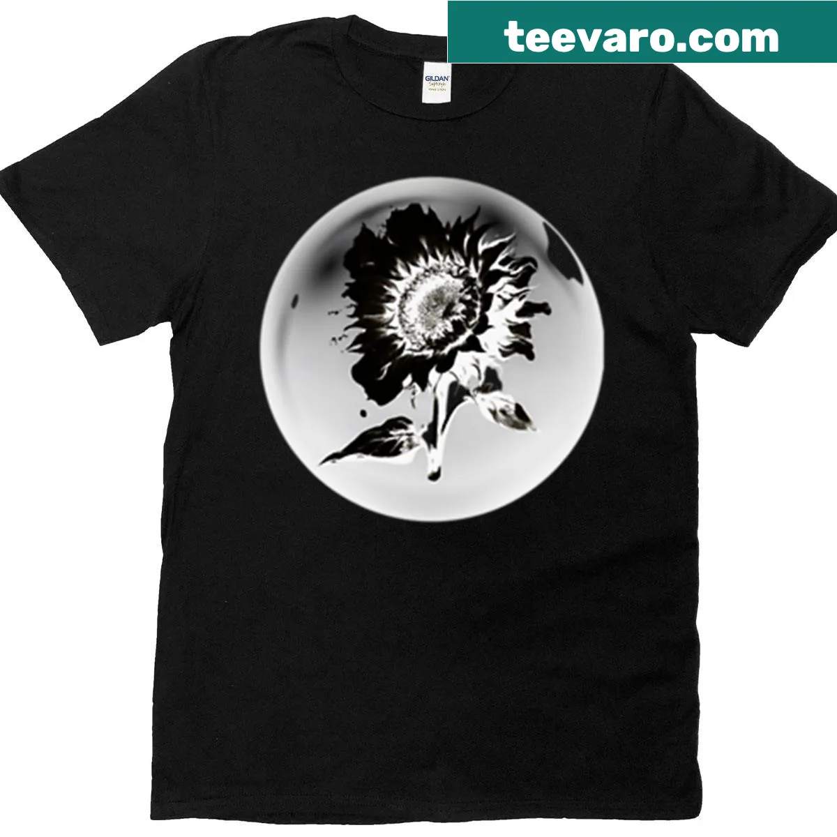 Psychedelic black and white sunflower graphic T-shirt — on a men's t-shirt