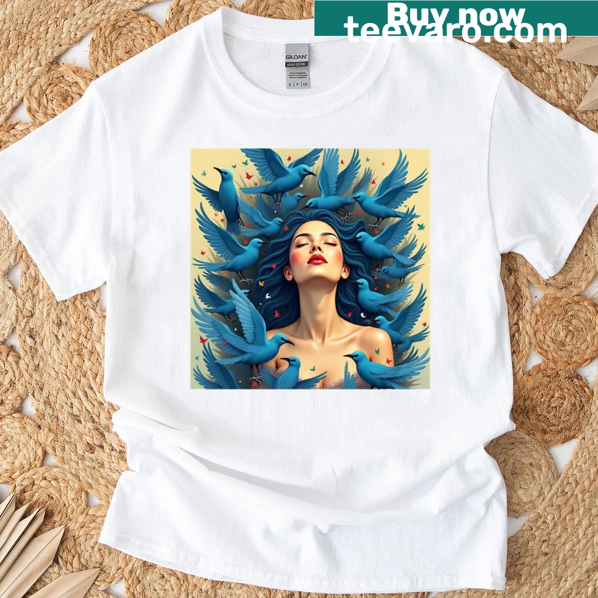 Surreal illustration of a woman with blue birds on a creative T-shirt. — on a men's t-shirt