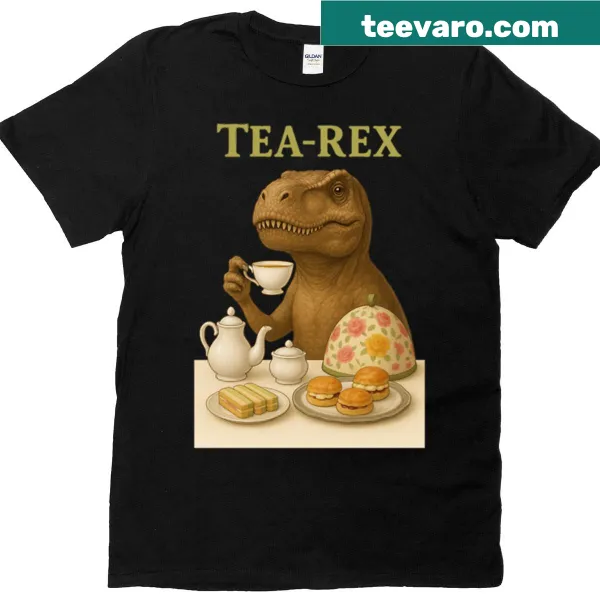 Cute dinosaur illustration hosting an afternoon tea party in cartoon style.