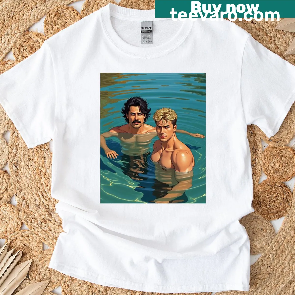 Illustration of bathers by the water on an oversized t-shirt — on a men's t-shirt