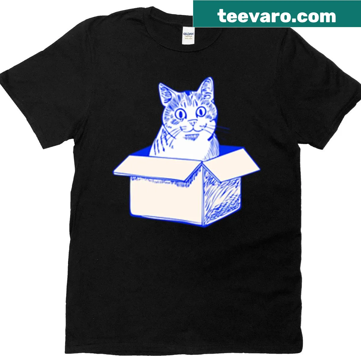 Whimsical illustration of a fat cat in a box in a doodle style. — on a men's t-shirt
