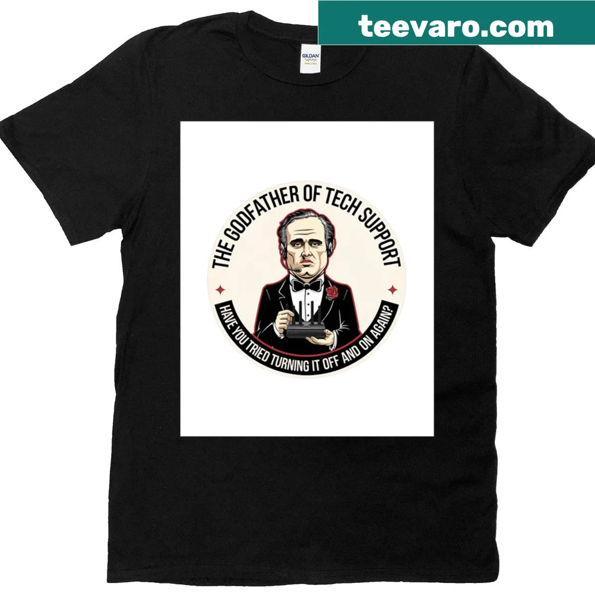 Graphic T-shirt featuring the phrase 'The Godfather Of Tech Support' in bold typography. — on a men's t-shirt