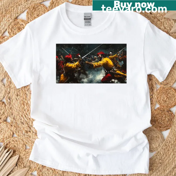 Illustration of a battle scene in crimson and gold on an oversized t-shirt