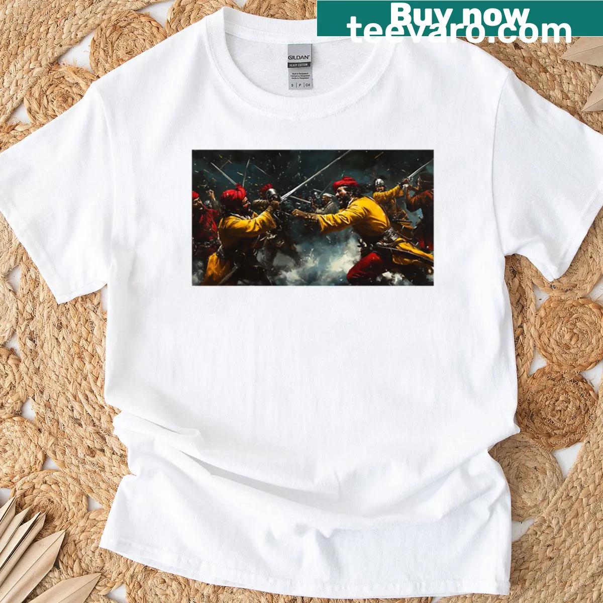 Illustration of a battle scene in crimson and gold on an oversized t-shirt — on a men's t-shirt