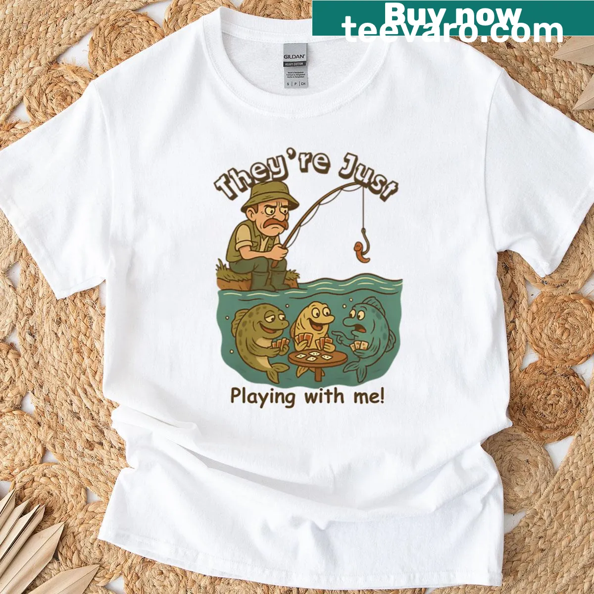 Funny T-shirt with a fishing and poker theme — on a men's t-shirt