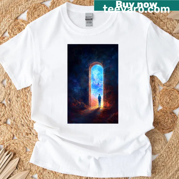 Surreal illustration of a heavenly gateway on a t-shirt