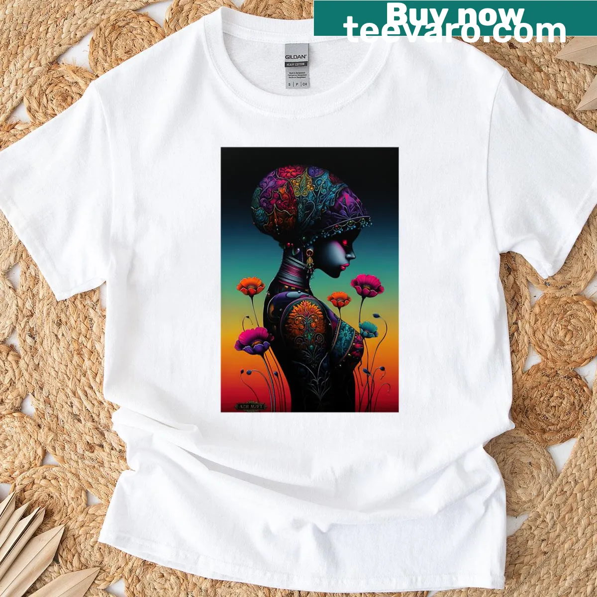 Illustrated modern goddess surrounded by tribal blooms on a T-shirt — on a men's t-shirt