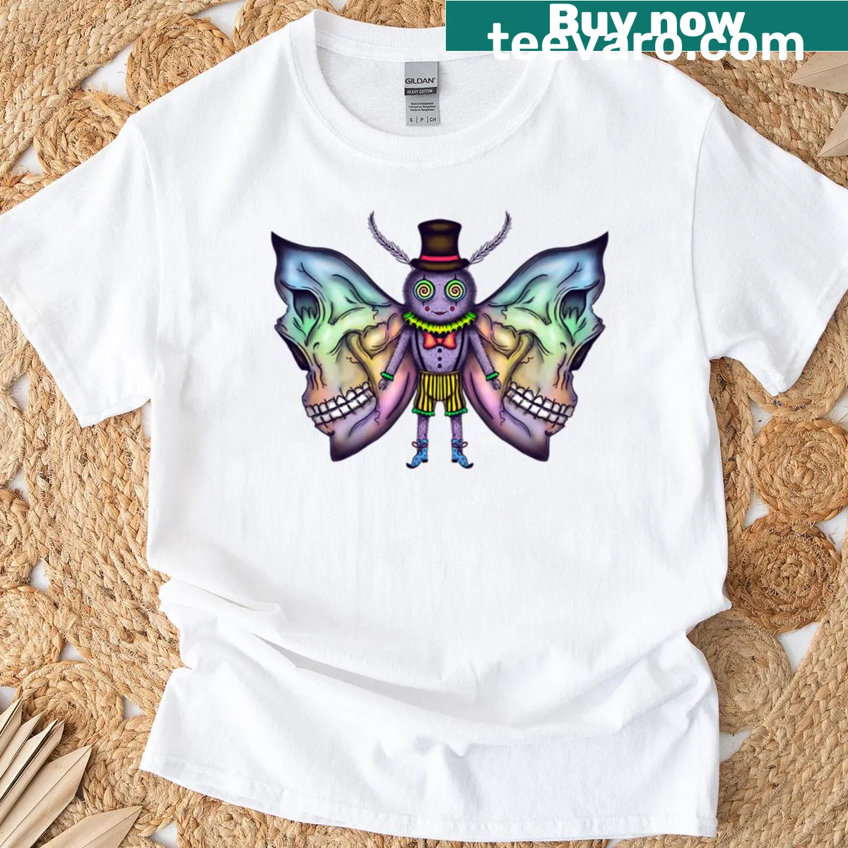 Illustration of a skull moth with circus elements on a premium t-shirt — on a men's t-shirt