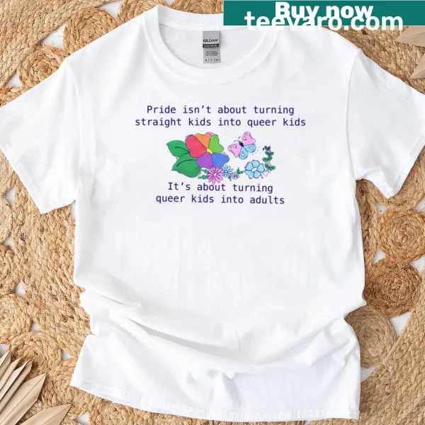 Oversized t-shirt with the message 'Turning Queer Kids Into Adults' in bold typography.