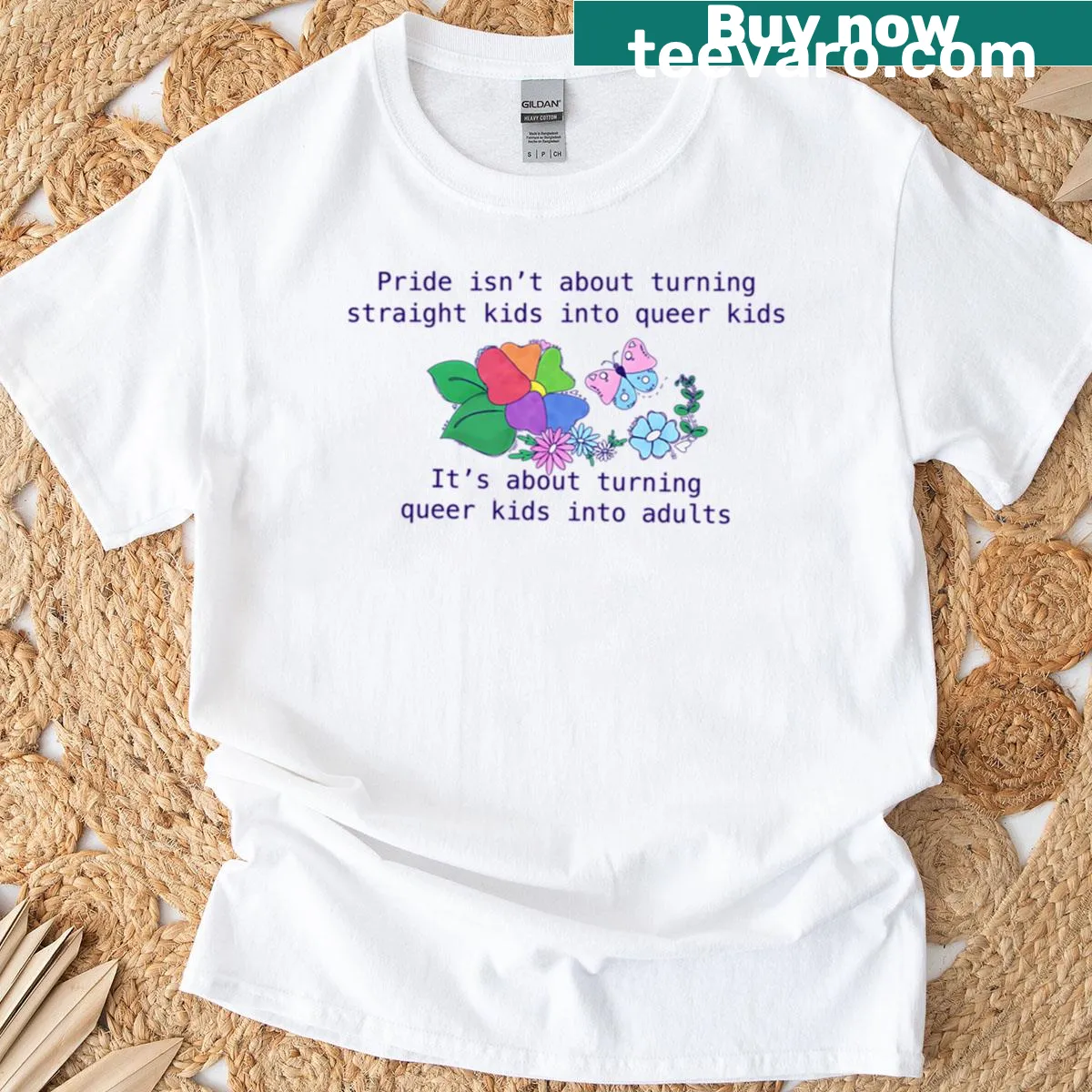 Oversized t-shirt with the message 'Turning Queer Kids Into Adults' in bold typography. — on a men's t-shirt