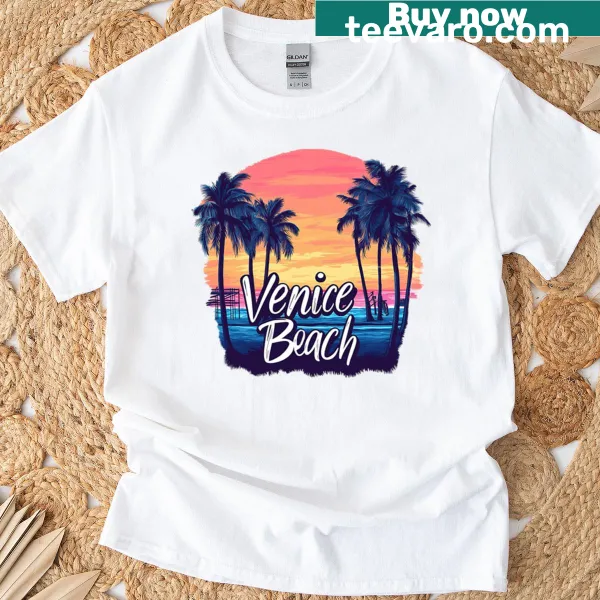 Illustration of palm trees against a sunset on a chill vibe T-shirt.