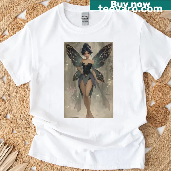 Illustrated t-shirt featuring a charming forest fairy surrounded by magical elements.