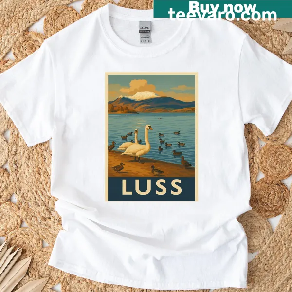 Vintage travel poster t-shirt featuring Luss village and Loch Lomond, Scotland.