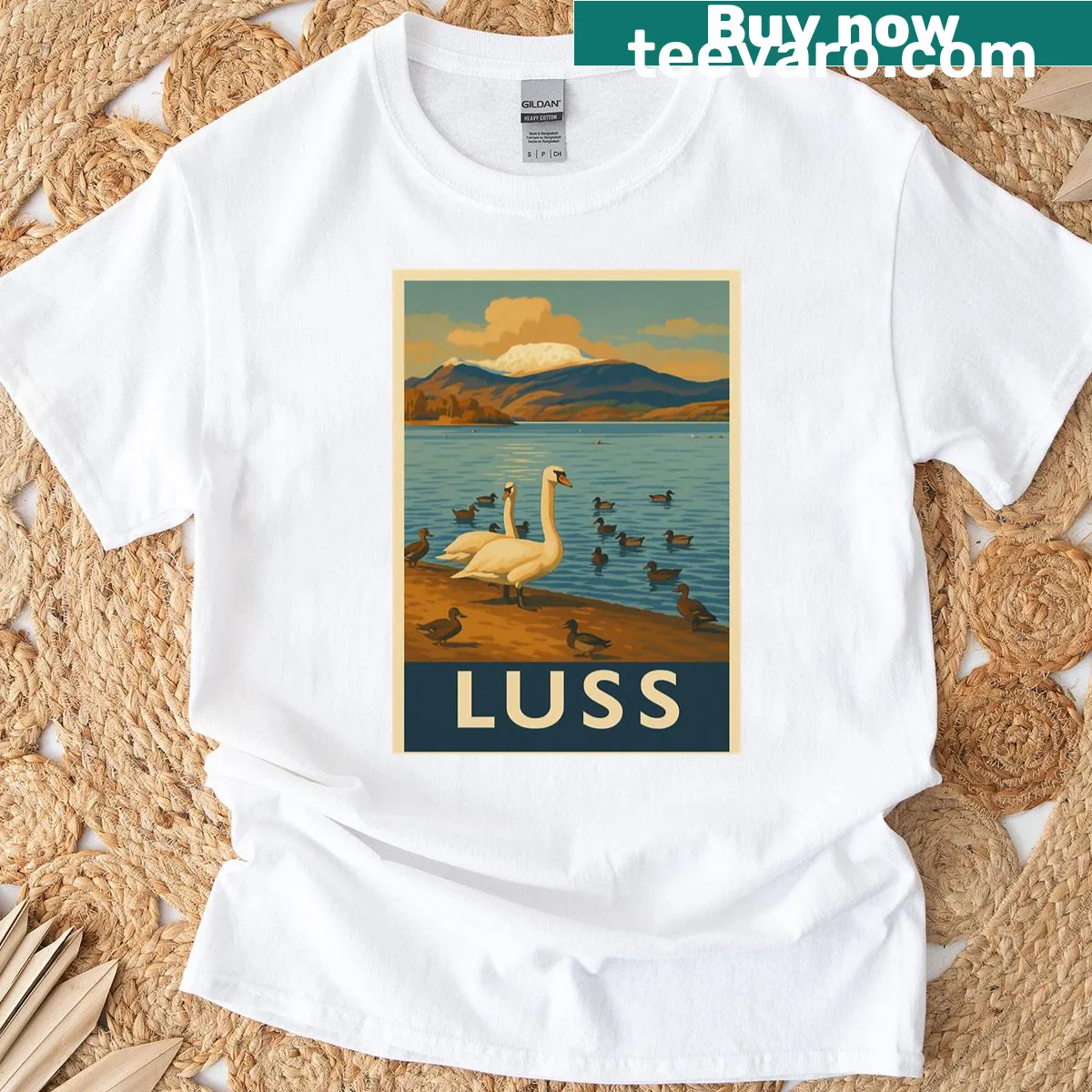 Vintage travel poster t-shirt featuring Luss village and Loch Lomond, Scotland. — on a men's t-shirt