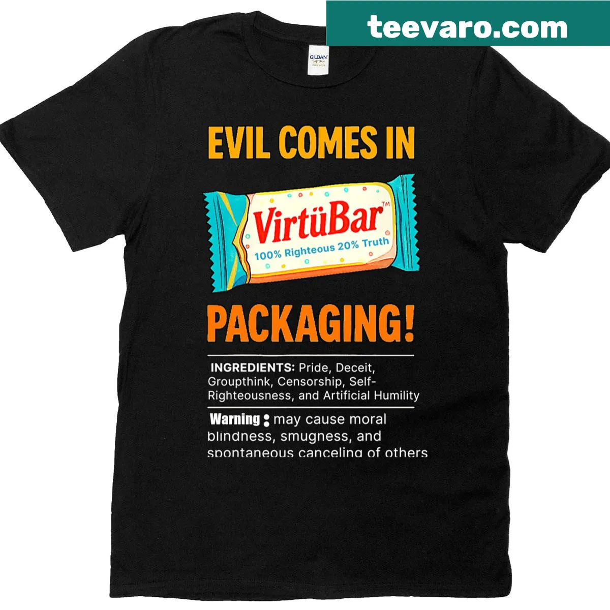 Cartoon-style T-shirt showcasing Virtuebar snack graphics — on a men's t-shirt