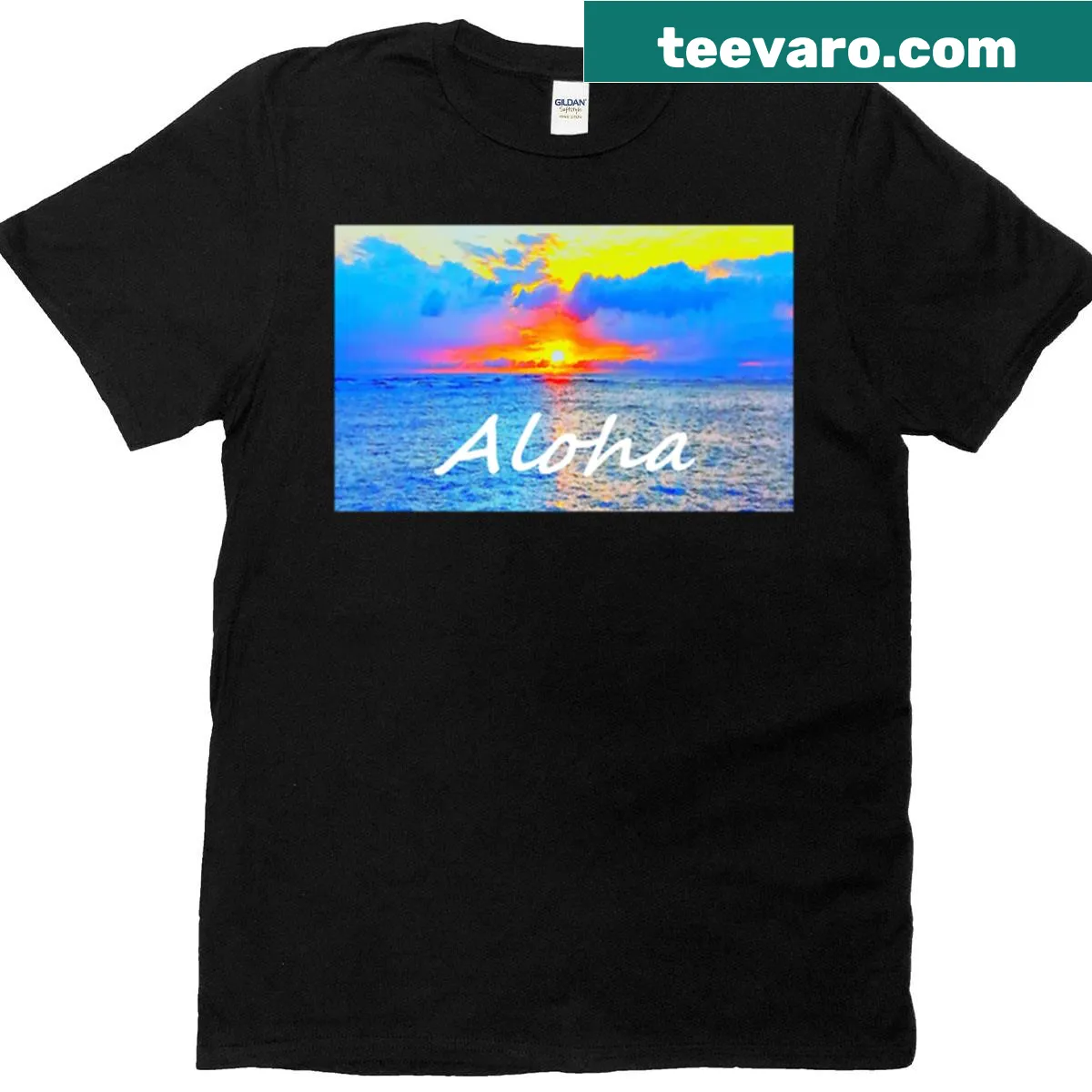 T-shirt featuring a serene illustration of a Waikiki sunset — on a men's t-shirt