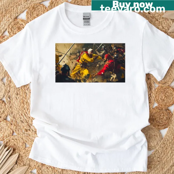 Illustrated medieval combat scene in red and gold on a T-shirt