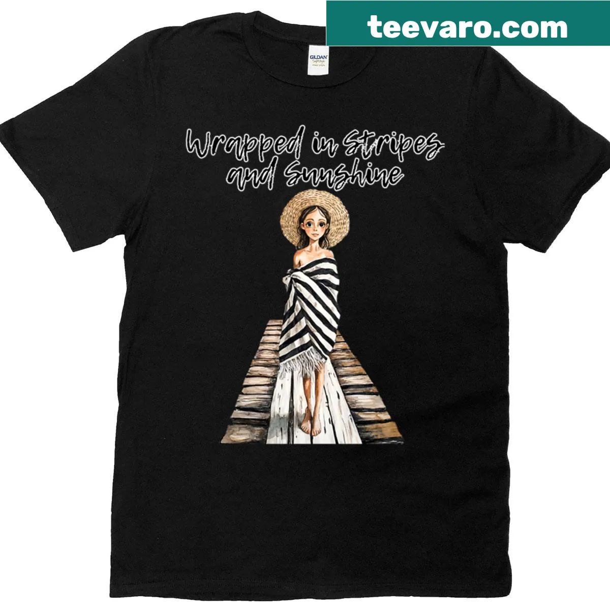 Vintage-style summer t-shirt with stripes and sunshine theme — on a men's t-shirt