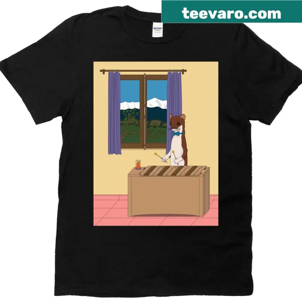 Illustrated T-shirt featuring a stoat playing a xylophone