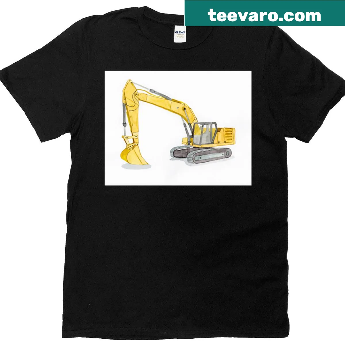Watercolor illustration of a yellow excavator on kids T-shirt — on a men's t-shirt