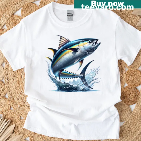 Illustrated jumping Yellowfin Tuna on a T-shirt