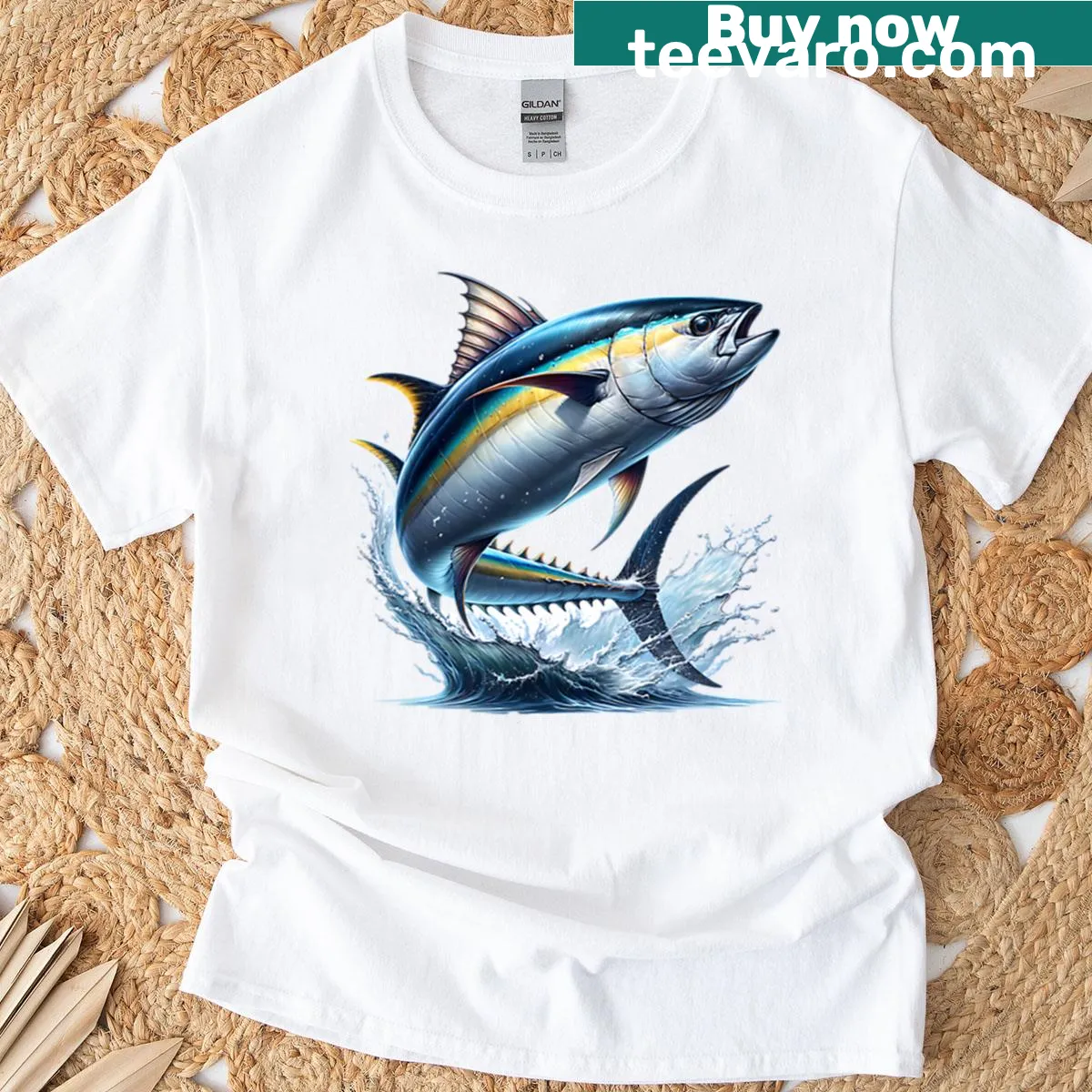 Illustrated jumping Yellowfin Tuna on a T-shirt — on a men's t-shirt