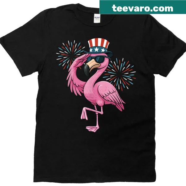 Funny 4th of July t-shirt featuring a flamingo in festive attire.