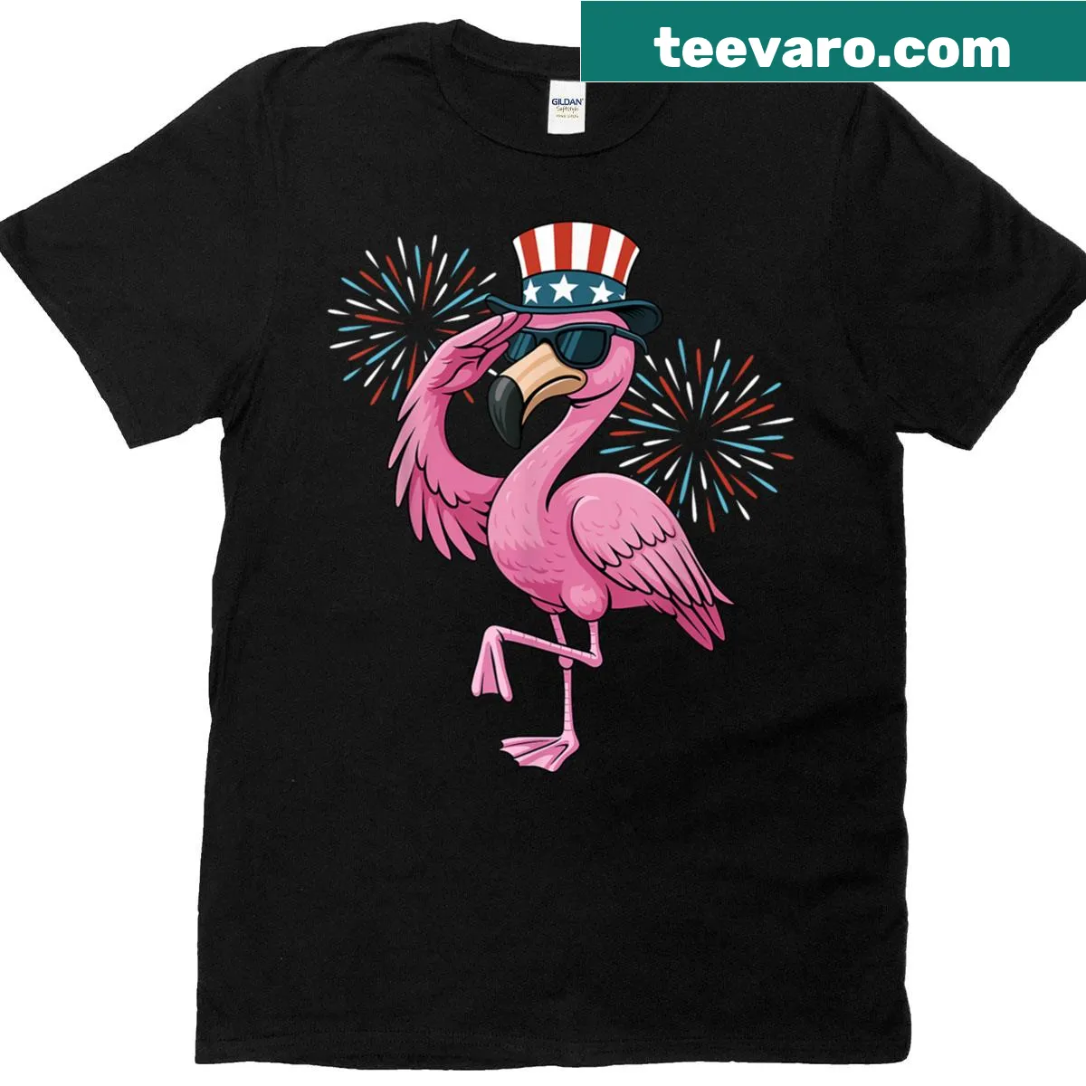 Funny 4th of July t-shirt featuring a flamingo in festive attire. — on a men's t-shirt