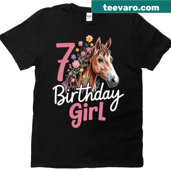 Cute T-shirt for a 7th birthday girl featuring a horse and wildflowers