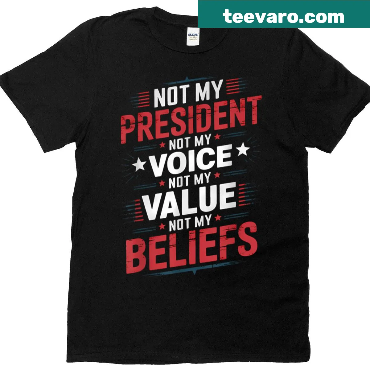 Bold statement t-shirt with text 'Not My President' — on a men's t-shirt