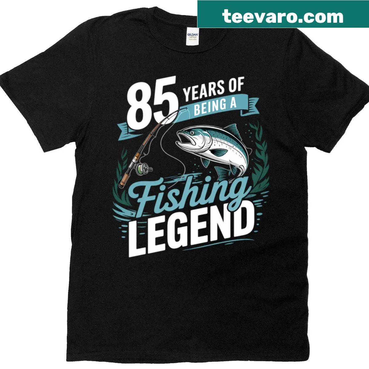 Retro-style T-shirt celebrating 85 years of fishing legend — on a men's t-shirt